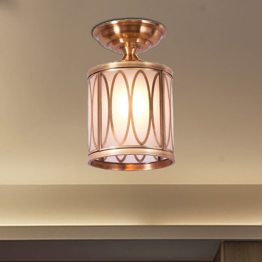 Brass Frosted Glass Ceiling Flush Mount Lamp Colonialist Style For Living Room