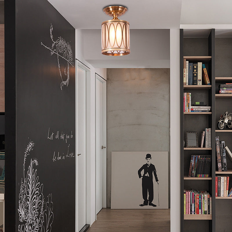 Brass Frosted Glass Ceiling Flush Mount Lamp – Colonialist Style For Living Room