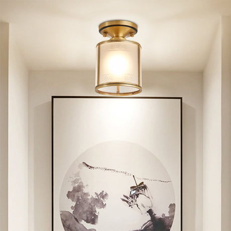 Colonial Cylinder Ceiling Light Fixture - 1 Bulb White Glass Flush Mount Brass Lighting