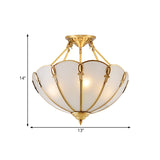Colonial Brass Satin Opal Glass Semi Flush Mount Lighting For Living Room 3/4 Bulbs Scalloped