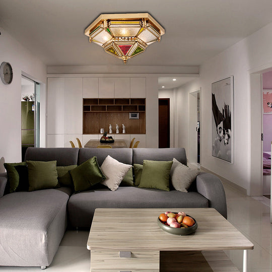 Colonialist 6 - Head Seeded Glass Flush Mount Lamp With Brass Ceiling Fixture For Living Room