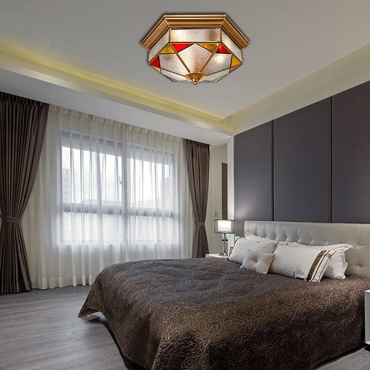 Hexagonal Red Bubble Glass Flush Mount Lamp For Bedroom - 2/3 Heads 12.5’/19’ W