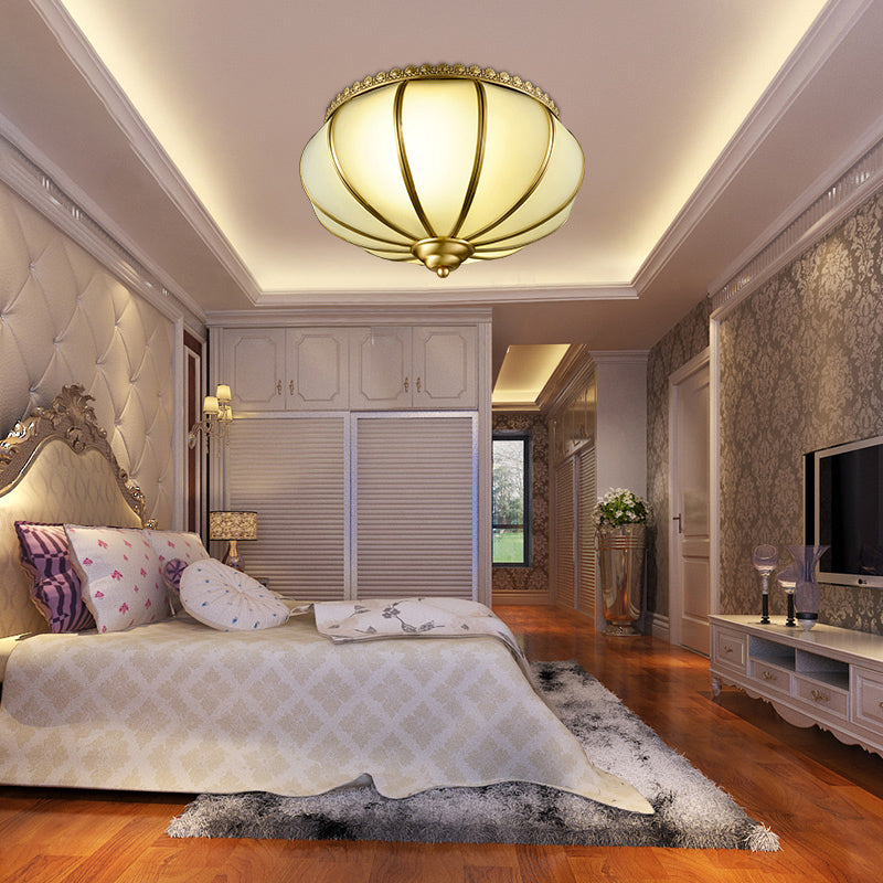 Retro White Glass Sphere Flush Mount Ceiling Light Fixture - 3 Brass Heads Ideal For Bedroom