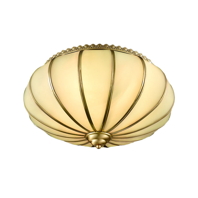 Retro White Glass Sphere Flush Mount Ceiling Light Fixture - 3 Brass Heads Ideal For Bedroom 14/18