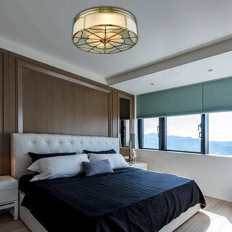 Milky Glass Ceiling Mounted Fixture: Colonial 3-Bulb Bedroom Flush Mount Lamp In Brass