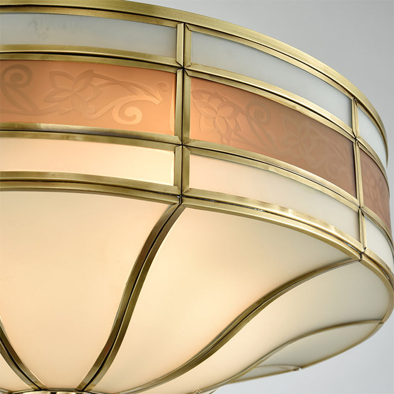 Colonial Brass Drum Ceiling Light With Opaline Glass - 3 Bulb Flush Mount For Bedroom