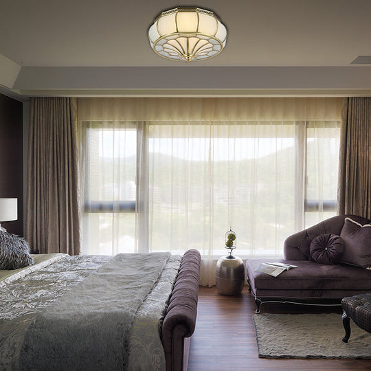 Colonial 4-Head Cream Glass Drum Ceiling Light In Brass For Living Rooms