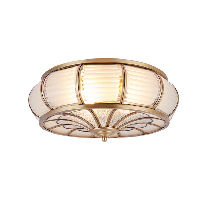 Colonial Cream Glass Drum Ceiling Lighting - 3/4 Heads Flush Mount Fixture Brass Finish