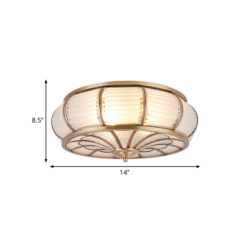 Colonial Cream Glass Drum Ceiling Lighting - 3/4 Heads Flush Mount Fixture Brass Finish 14/16.5