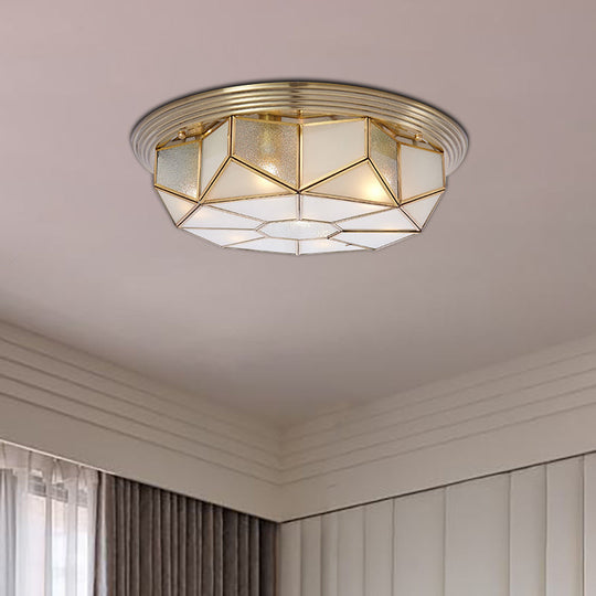 Colonial Brass Flush Mount Lamp With Sandblasted Glass For Living Room - 6 Heads Octagonal Ceiling