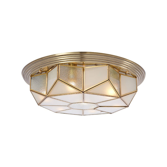 Colonial Brass Flush Mount Lamp With Sandblasted Glass For Living Room - 6 Heads Octagonal Ceiling