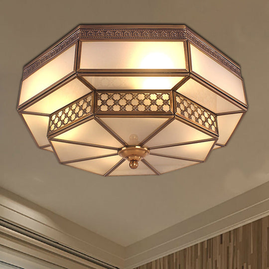 Opaline Glass Octagon Bedroom Flush Mount Light With Colonial Brass Finish - 4 Bulbs Close To