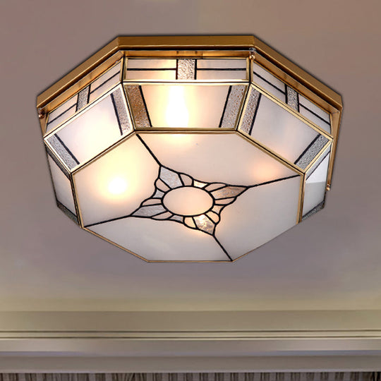 Opal Glass Flush Light With 3 Heads - Brass Finish Octagonal Shape Bedroom Ceiling Lighting