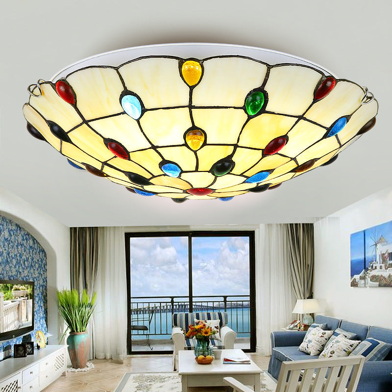 Vintage Stained Glass Flush Mount Ceiling Light - Beige Bowl Multiple Sizes Ideal For Living Room /