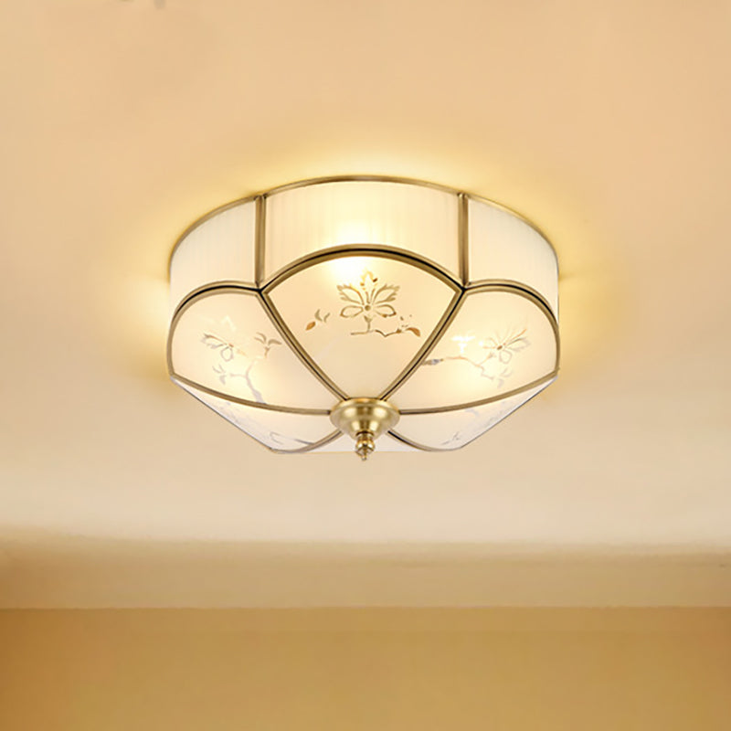 Brass Flush Mount Lamp With Colonial Sandblasted Glass - 3/4/6 Head Options / 14