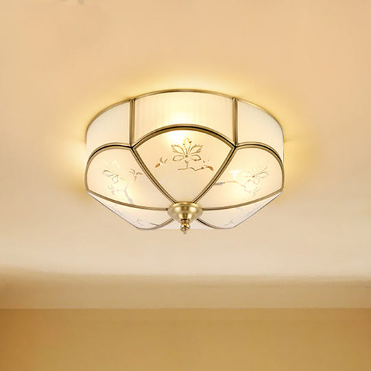 Brass Flush Mount Lamp With Colonial Sandblasted Glass - 3/4/6 Head Options / 14