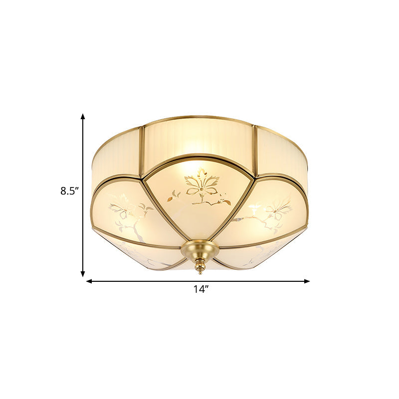 Brass Flush Mount Lamp With Colonial Sandblasted Glass - 3/4/6 Head Options