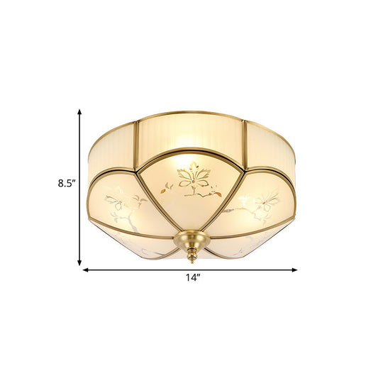 Brass Flush Mount Lamp With Colonial Sandblasted Glass - 3/4/6 Head Options