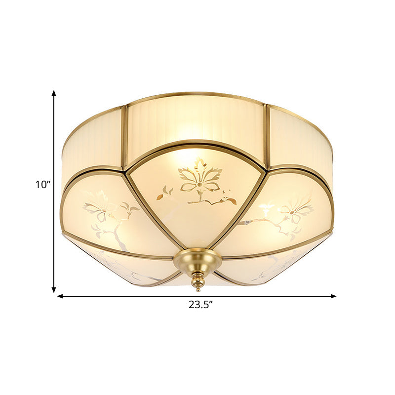 Brass Flush Mount Lamp With Colonial Sandblasted Glass - 3/4/6 Head Options