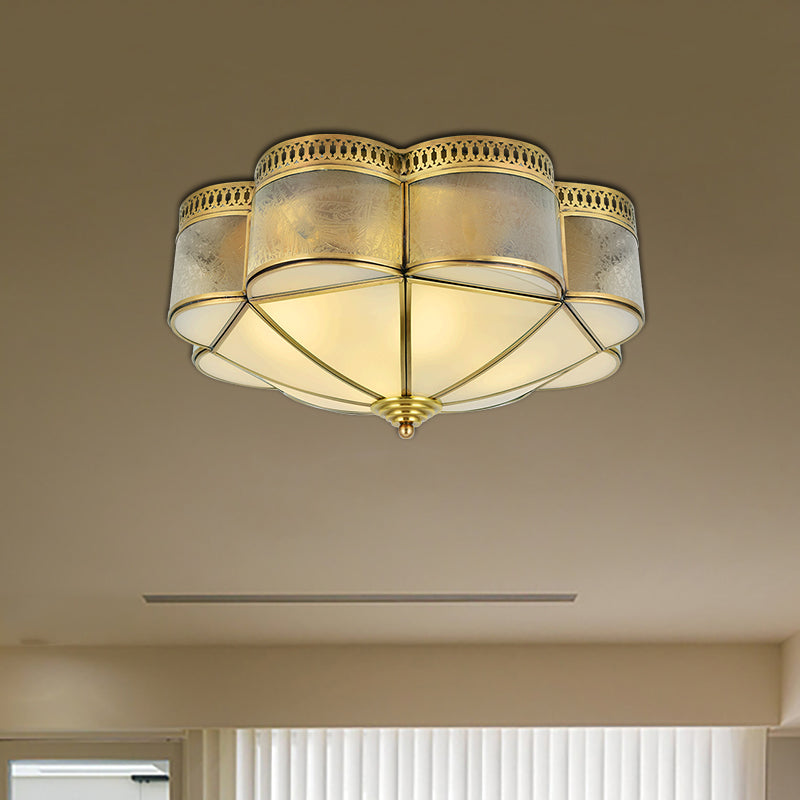 Frosted Glass And Brass Colonial Style Flush Mount Ceiling Lamp With Curved Design - Ideal For