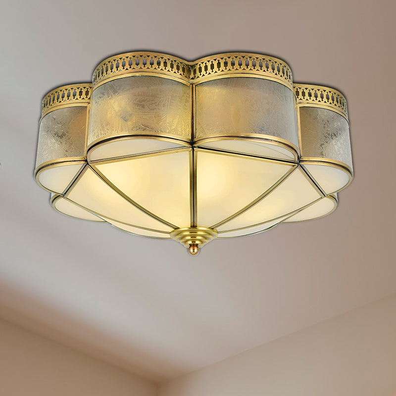 Frosted Glass And Brass Colonial Style Flush Mount Ceiling Lamp With Curved Design - Ideal For