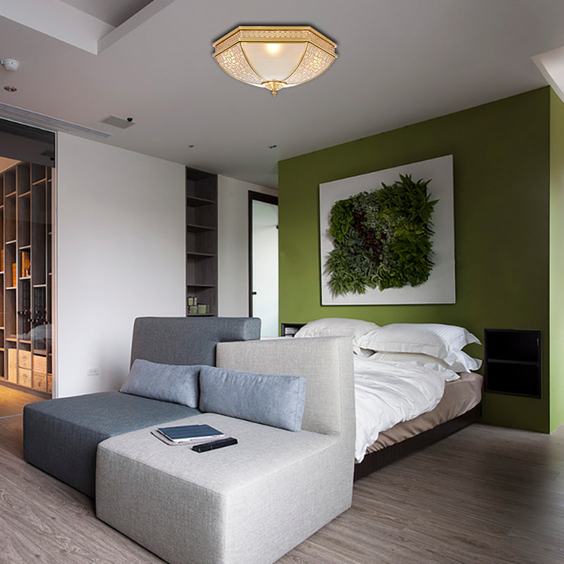 Colonial Opal Frosted Glass Dome Bedroom Flush Mount Light - Brass Ceiling Lamp (3 Bulbs)