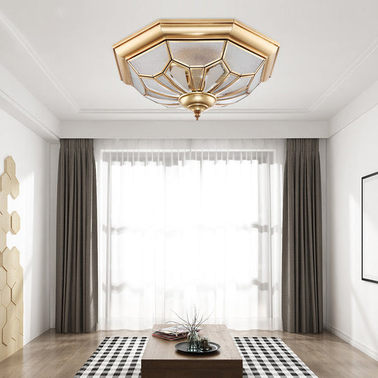 Colonial Brass Seeded Glass Flush Light Fixture For Bedroom - 3 - Bulb Ceiling Mount