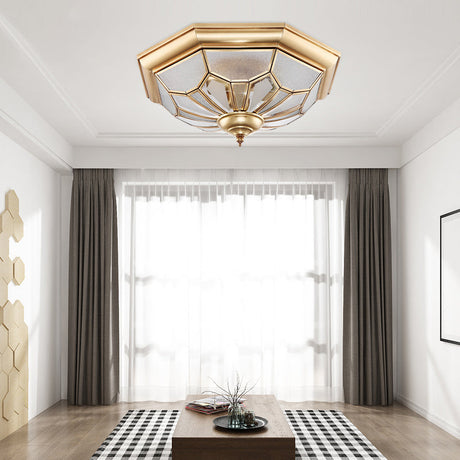 Colonial Brass Seeded Glass Flush Light Fixture For Bedroom - 3-Bulb Ceiling Mount
