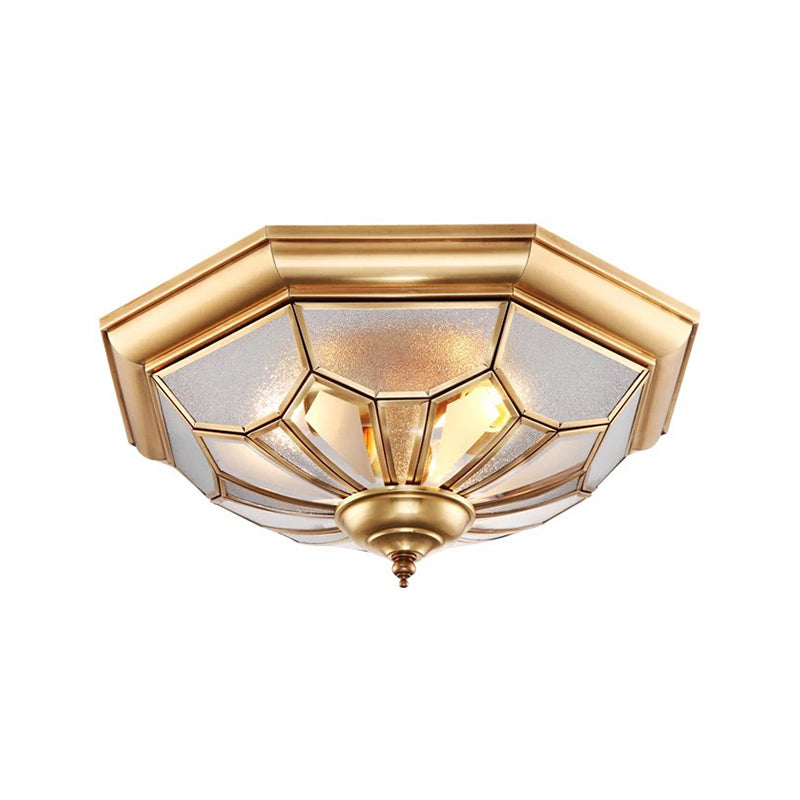 Colonial Brass Seeded Glass Flush Light Fixture For Bedroom - 3 - Bulb Ceiling Mount