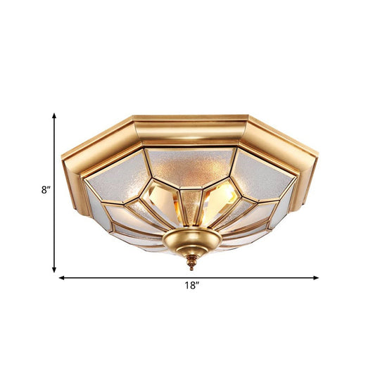 Colonial Brass Seeded Glass Flush Light Fixture For Bedroom - 3 - Bulb Ceiling Mount