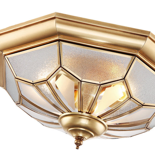 Colonial Brass Seeded Glass Flush Light Fixture For Bedroom - 3 - Bulb Ceiling Mount