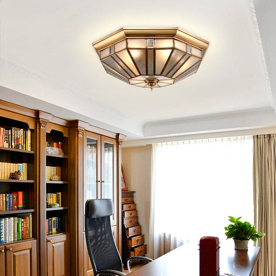Geometric Ceiling Mount Brass Flush Light Fixture For Bedroom - Beveled Glass 4/6 Bulbs