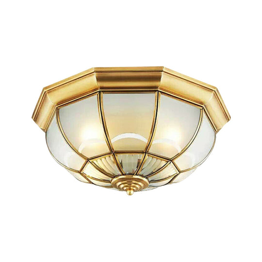 Colonialist Flush Mount Lamp For Bedroom - Frosted Glass Brass Ceiling Dome (3/4/6 Heads) 14/18/23.5