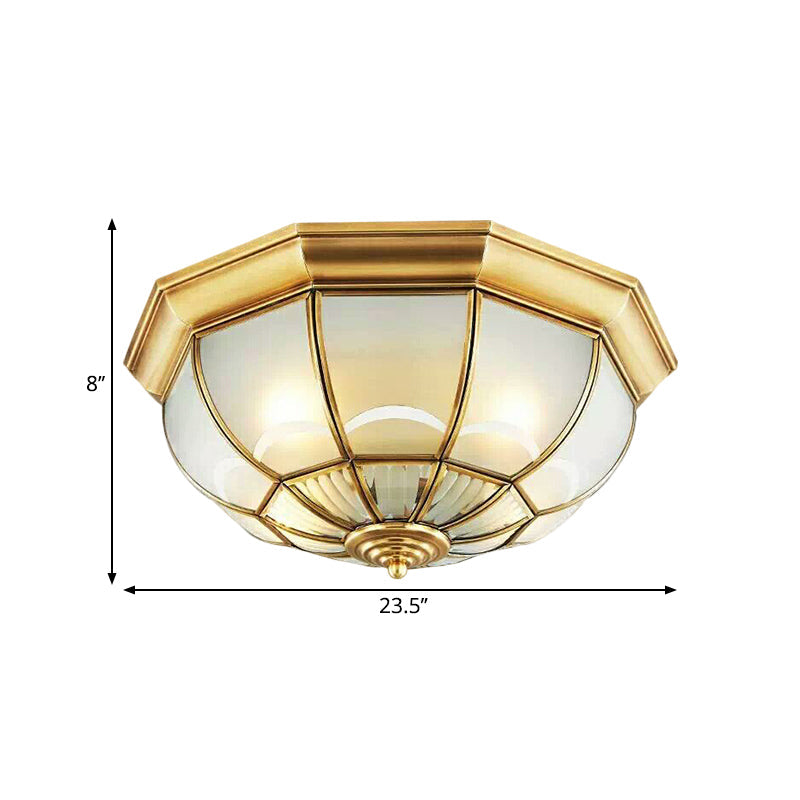 Colonialist Flush Mount Lamp For Bedroom - Frosted Glass Brass Ceiling Dome (3/4/6 Heads)