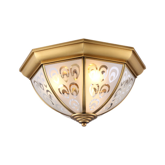 Brass Flush Mount Lamp With Sandblasted Glass Bowl - Colonial Style Ceiling Fixture For Study Room