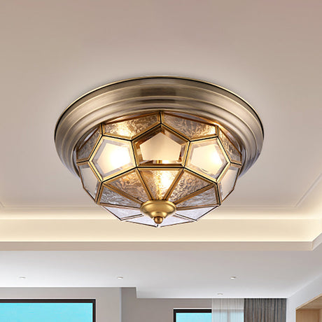 Colonial Frosted Glass Brass Ceiling Flush Mount Lamp With 3 Faceted Heads For Bedroom