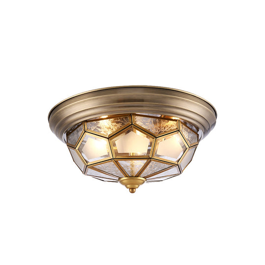 Colonial Frosted Glass Brass Ceiling Flush Mount Lamp With 3 Faceted Heads For Bedroom