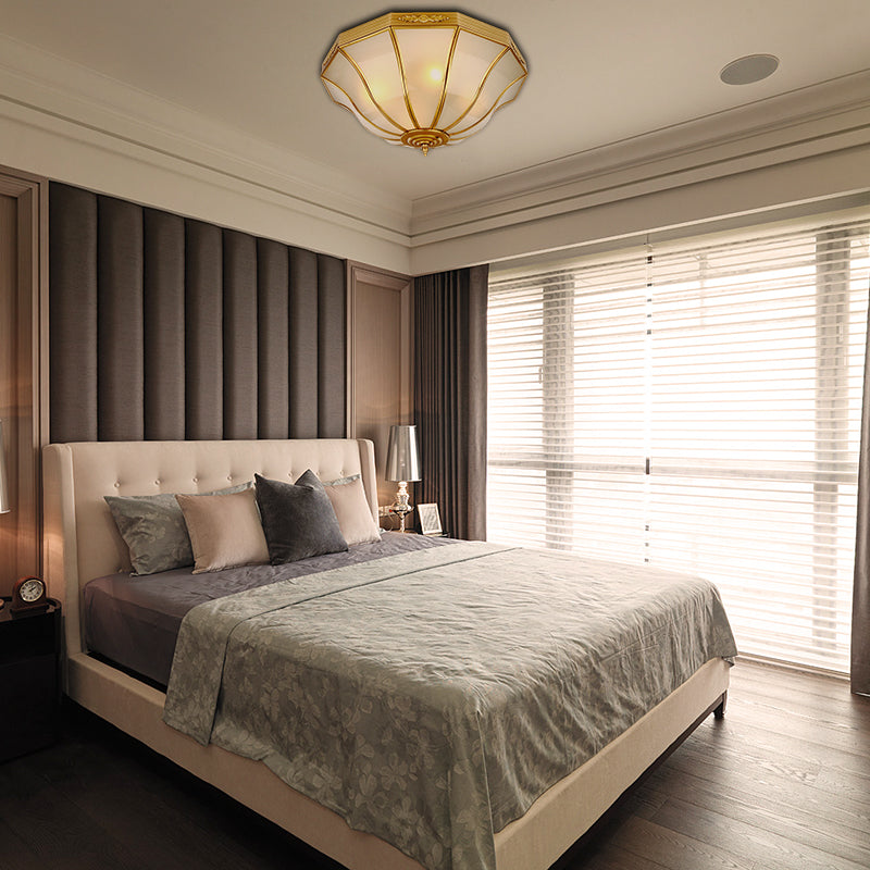 Colonial Brass Flared Bedroom Ceiling Light Opal Glass 14.5’-18.5’W 3/4-Light