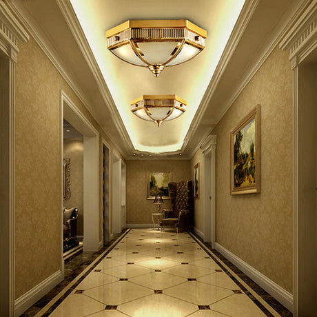 Colonial Frosted Glass Ceiling Lamp With Gold Finish - 2 Bulbs Hallway Flush Mount Light