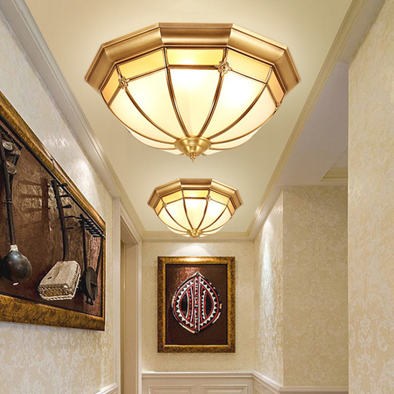 Colonial White Glass Dome Ceiling Light Fixture For Bedroom - Brass Flush Mount 3/4/6 Heads