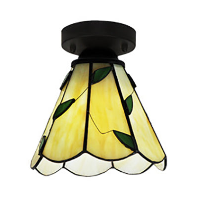 Vintage Stained Glass Conic Ceiling Light Fixture In White/Clear/Beige For Bedroom Beige