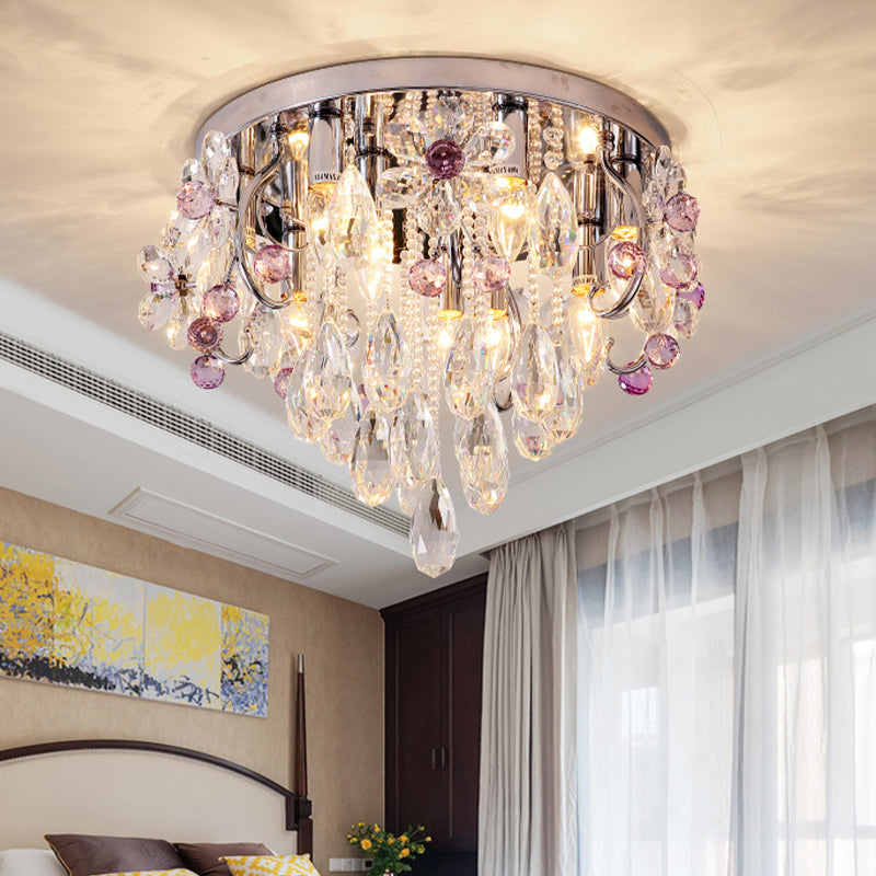 Modernist Crystal Teardrop Flushmount Ceiling Light Fixture With Stainless-Steel Frame - 6/9 Head