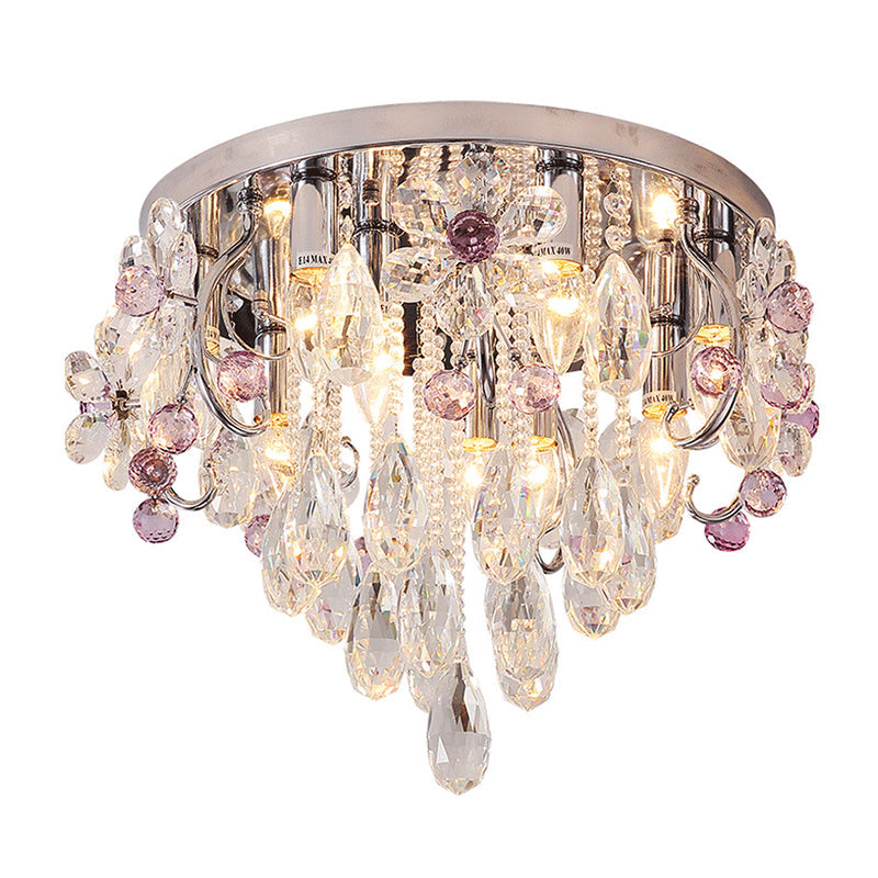 Modernist Crystal Teardrop Flushmount Ceiling Light Fixture With Stainless-Steel Frame - 6/9 Head