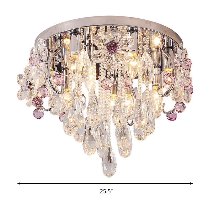 Modernist Crystal Teardrop Flushmount Ceiling Light Fixture With Stainless-Steel Frame - 6/9 Head