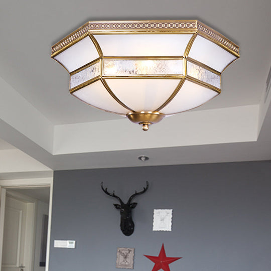 Brass Scalloped Ceiling Mounted Light With White Glass Shades - 3/4 Head Flush Mount Lamp For