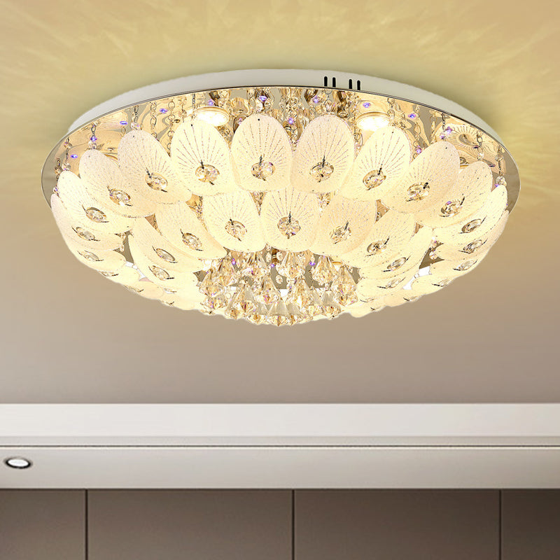 Contemporary Crystal Ceiling Light Fixture - Domed Flush Mount 7/13 Heads 23.5/31.5 Wide White