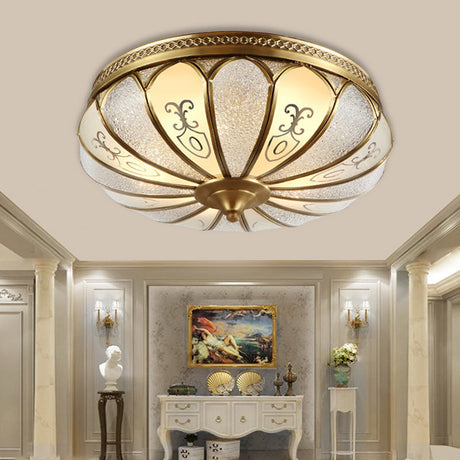Brass Colonial 3-Light Flush Mount Ceiling Fixture With Frosted Glass Scalloped Shade For Living