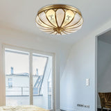 Brass Colonial 3-Light Flush Mount Ceiling Fixture With Frosted Glass Scalloped Shade For Living