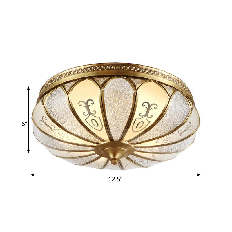 Brass Colonial 3-Light Flush Mount Ceiling Fixture With Frosted Glass Scalloped Shade For Living
