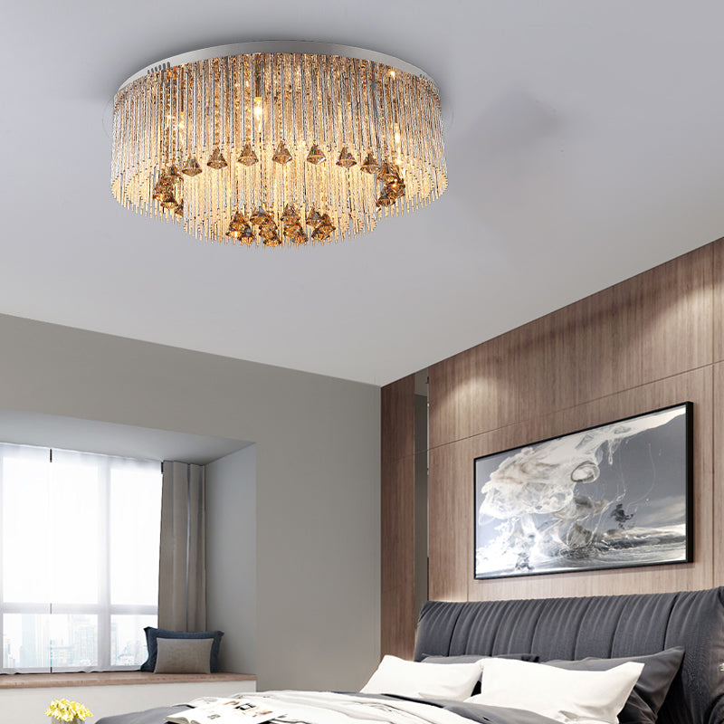 Contemporary Crystal Flush Light Fixture - Round Nickel Ceiling Mount For Living Room (9/12/18